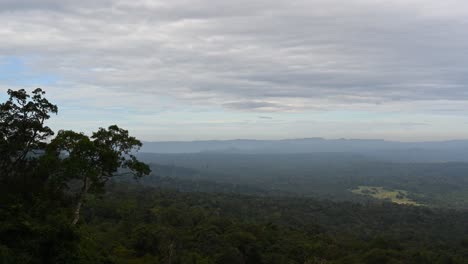 Zoom-out-of-this-lovely-landscape-as-clouds-move-away-and-a-tree-on-the-left-as-the-camera-zooms-out,-Khao-Yai-National-Park,-Thailand
