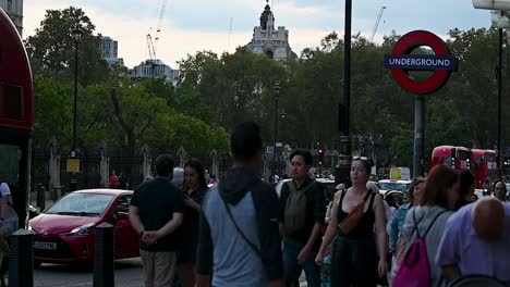 Walking-past-Weestminster-Underground-Station,-London,-United-Kingdom