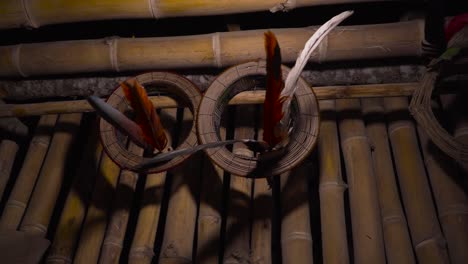 At-night,-a-cinematic-slow-motion-shot-pans-from-right-to-left,-focusing-on-traditional-bird-feathered-hats-of-Shipibo-indigenous-people-hung-on-the-wall-of-a-bamboo-hut