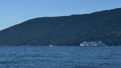 Distant-View-Of-A-Ferry-Moving-Over-Seascape-Near-Horseshoe-Bay-BC,-Canada