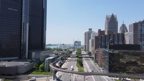 Downtown-Detroit,-preparing-for-the-Indycar-race,-with-the-Renaissance-Center-in-the-background,-aerial-view