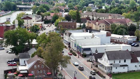 FRANKENMUTH,-MI---September-10,-2023---A-zoomed-rotating-aerial-view-of-downtown-Frankenmuth-Michigan-during-the-Auto-Fest-of-2023