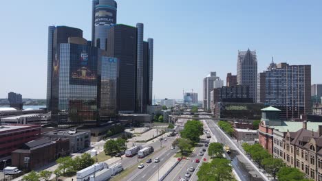 Downtown-Detroit-preparing-for-the-Indycar-race,-aerial-drone-view