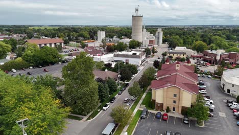 FRANKENMUTH,-MI---September-10,-2023---A-wide-aerial-establishing-shot-of-the-tourist-downtown-area-of-Frankenmuth,-Michigan-on-an-overcast-summer-day