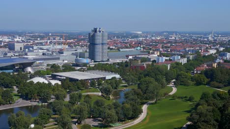 Marvelous-aerial-top-view-flight-multifunctional-Stadium-Munich-in-Olympic-Park,-Germany-Bavarian,-sunny-clear-sky-day-23