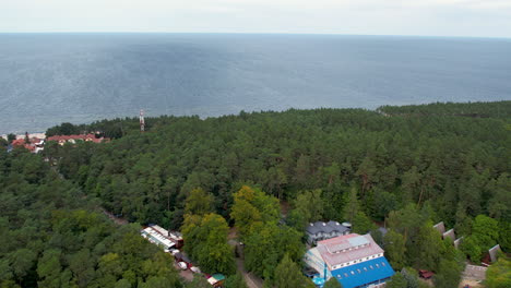 Aerial---Stegna---view-of-the-town-on-the-Baltic-Bay---naturally-situated-buildings-between-trees-on-the-waterfront---seaside-landscape-in-a-popular-location-in-Poland