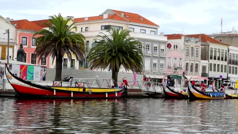 Moliceiro-boats,-traditional-from-Aveiro,-sway-in-the-canal-while-people-stroll-under-palm-trees