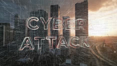Animationslogo-Für-Cyber-Angriffe-Und-Cyber-Sicherheitsbedrohungen-Mit-Luftskyline-Einer-Modernen-Smart-City-Bei-Sonnenuntergang