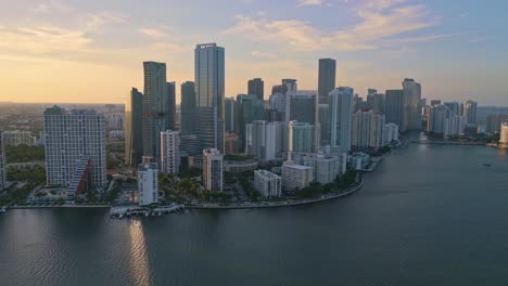 Miami-drone-cityscape,-evening-sunset-light