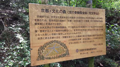 Wooden-sign-in-Kanji-Japanese,-warning-of-fire-in-forest-Daimonji-Mountain