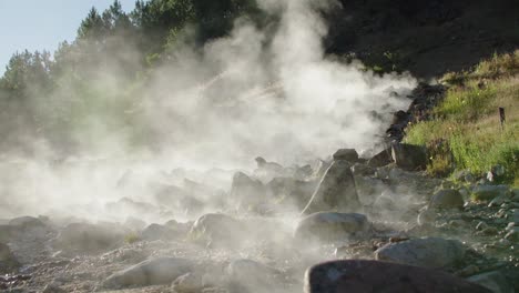 Steam-rising-above-stones,-Kirkham-Hot-Springs,-Boise-National-Forest,-Idaho