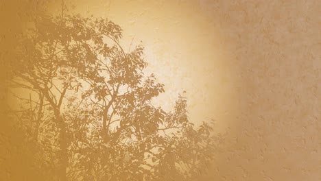 3D-Rendering-Animation-Eines-Baumes,-Der-Sich-Sanft-Auf-Der-Brise-Bewegt,-Fließende-Wassertropfen-Auf-Verschwommenem-Glas-Mit-Gelb-goldenem-Hintergrund-Bei-Sonnenuntergang