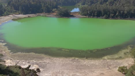 Aerial-birds-eye-shot-of-green-colored-Telaga-Warna-Lake-during-sunny-day-surrounded-by-woodland-in-Indonesia