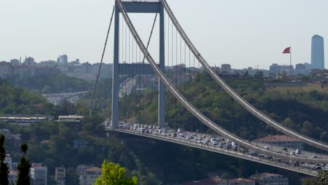Cars-Passing-Over-The-Fatih-Sultan-Mehmet-Bridge,-Bosphorus,-Istanbul,-Turkey