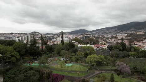 Aerial-View-Of-Santa-Catarina-Park-Near-The-Bay-Of-Funchal-In-Madeira,-Portugal