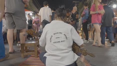 Músico-Callejero-Tocando-El-Laúd-Tradicional-Sentado-En-El-Suelo,-Turistas-Del-Mercado-Callejero-Pasando-Por