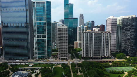 Aerial-view-approaching-skyscrapers-of-the-New-Eastside-of-Chicago