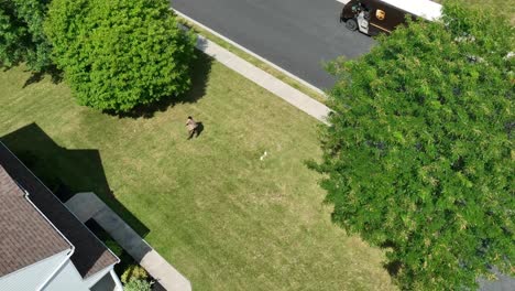 UPS-delivery-man-walking-towards-American-home-with-cardboard-box-package