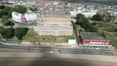 Aerial-reveal-of-Scarborough's-famous-Grand-Hotel