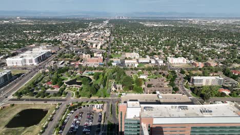 Drone-pullback-tilt-down-shot-over-Anschutz-Hospital,-Medical-Campus-in-Aurora