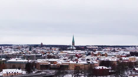 Drone-view-revealing-city-Linköping-urban-area-and-skyline