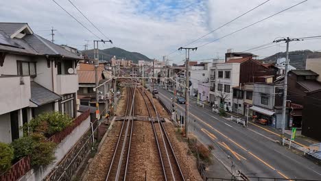 Train-tracks-next-to-a-highway-road-in-Onomichi-Hiroshima-prefecture