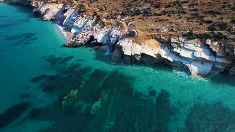 Idyllic-Beach-Vacation:-Clean-Emerald-Sea-Water,-Rocky-Seashore,-and-Panoramic-Views-in-Lukova,-Albania---A-Coastal-Paradise