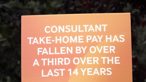 Leaves-on-a-tree-blow-in-the-wind-behind-an-orange-placard-that-reads,-“Consultant-take-home-pay-has-fallen-by-over-a-third-over-the-last-14-years”