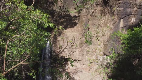 Jungle-waterfall-aerial-ascends-into-forest-trees-from-narrow-canyon