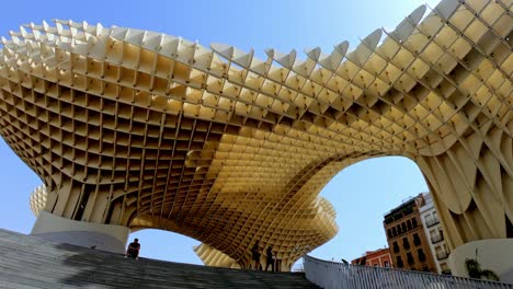 4k-Video-of-Setas-de-Sevilla-also-known-as-the-Metropol-Parasol,-a-large-woodden-structure-located-at-La-Encarnacion-square-in-the-old-quarter-of-Seville