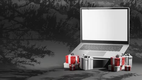 3D-Animation-Eines-Neuen,-Modernen-Laptop-Schwarzbildschirms-Auf-Geschenkboxen-Für-E-Commerce-Online-Einzelhandelsgeschäfte-Im-High-Tech-Bereich