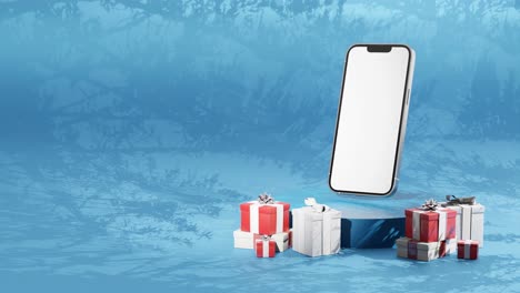 Smartphone-Neues-High-Tech-Modell-In-3D-Rendering-Animation-Mit-Geschenkbox-Und-Blauem-Hintergrund