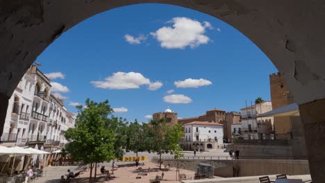 Caceres-Plaza-Mayor-viewed-from-archway,-Historic-Spanish-cities-concept