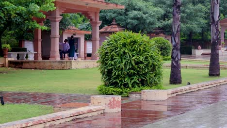 artistic-red-stone-jain-temple-at-morning-from-unique-angle-video-is-taken-at-Shri-Digamber-Jain-Gyanoday-Tirth-Kshetra,-Nareli-Jain-Mandir,-Ajmer,-Rajasthan,-India-an-Aug-19-2023.