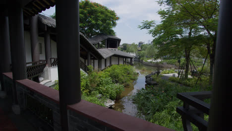 Beautiful-Japanese-garden-with-a-lake-from-an-Asian-construction