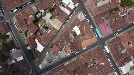 Aerial-flyover:-Geometric-shape-of-quaint-city-streets-of-San-Salvador