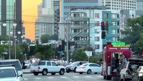 Downtown-Los-Angeles,-California-at-sunset---establishing-shot