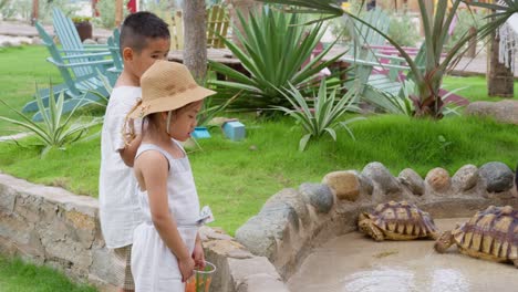 Zwei-Asiatische-Kinder-Beobachten-Einen-Züchter-Auf-Der-Farm-Beim-Baden-Der-Schildkröten