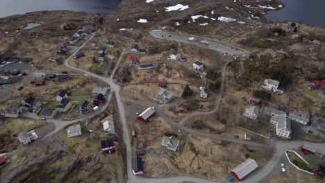 Aerial-orbit-shot-of-the-famous-fishing-village-A-in-Lofoten-during-the-late-winter-in-April