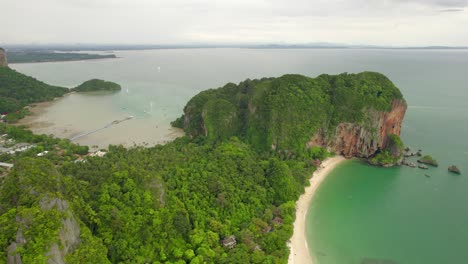 Aerial-View-Overlooking-the-Beautiful-Tropical-Scenery-of-Phra-Nang-Beach-near-Railay,-Thailand