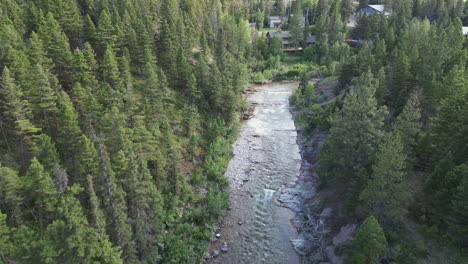 Evergreen-Forest-River-with-Cabins-Peaking-Through-the-Woods---Drone-Footage