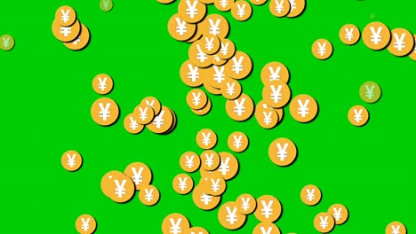 Yen-japanischer-Dollar-Münzengeld-Animationszeichensymbol-Bewegungsgrafiken-Fallen-Auf-Den-Grünen-Bildschirm
