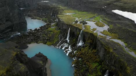 Aerial-view-from-Sigöldugljúfur-Canyon-in-Iceland-in-the-summer,-known-as-the-Valley-of-Tears-with-multiple-colors-that-surround-it-and-an-incredible-aqua-blue-water