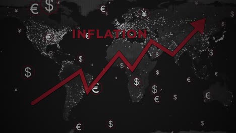 Es-Wird-Prognostiziert,-Dass-Die-Globale-Inflation-Mit-Dem-Euro-US-Dollar-Animationslogo-Und-Aufwärtstrendgrafiken-Auf-Den-Karten-Des-Planeten-Erde-Auf-Schwarzem-Und-Weißem-Hintergrund-Steigen-Wird