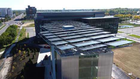 Roof-Top-solar-panels-on-modern-building-Ohio-State-University--new-construction---aerial-drone