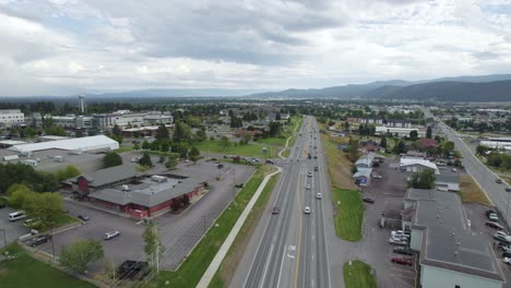 Summertime-in-Travel-Destination-City-of-Kalispell,-Montana---Aerial