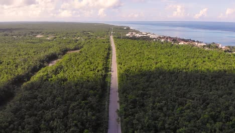 Aerial-View-of-an-Extensive-Coastal-Road-Meandering-Through-Verdant-Forests-in-Cozumel,-Mexico
