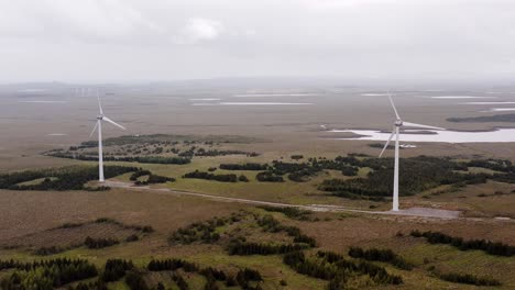 Wide-drone-shot-of-wind-turbines-on-the-Isle-of-Lewis,-Outer-Hebrides