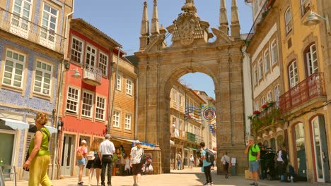 Beautiful-summer-day-in-Braga,-looking-towards-the-Porta-Nova-in-Braga,-Portugal