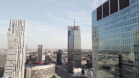 Panoramic-aerial-view-of-modern-skyscrapers-and-business-center-in-Warsaw,-Poland